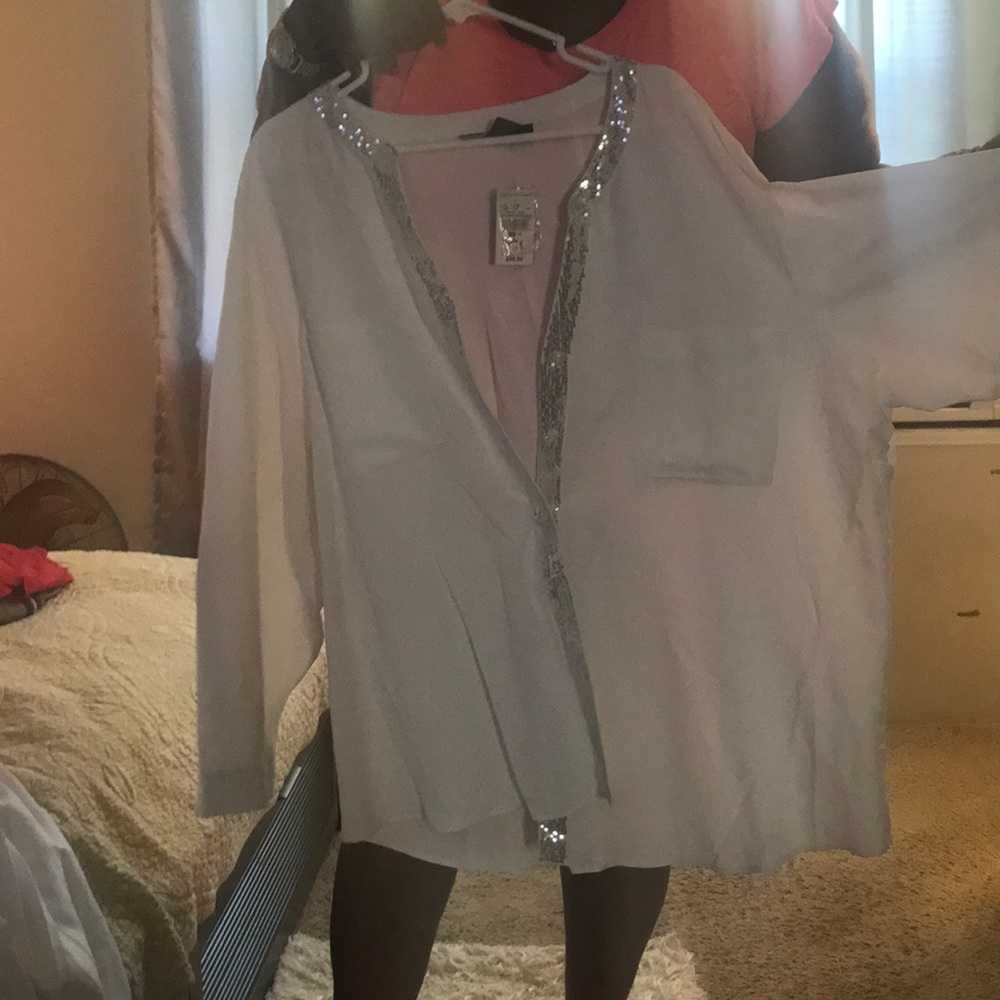 White linen blouse with silver sequence paneling